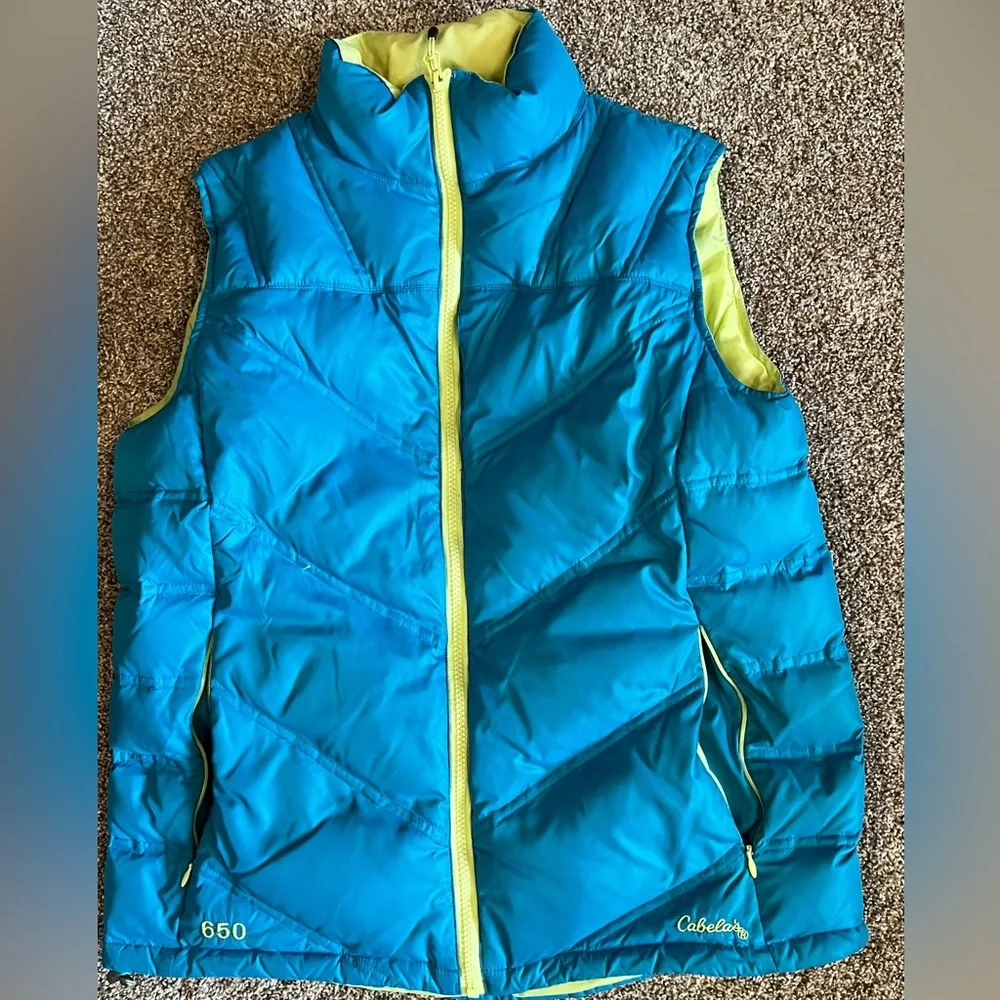 Cabela’s Goose Down Puffer Vest 650 Power Women Small S Teal Zip Pockets Read